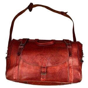 Vintage Hand Crafted Leather Duffle Weekend Bag Crossbody Exterior Pockets